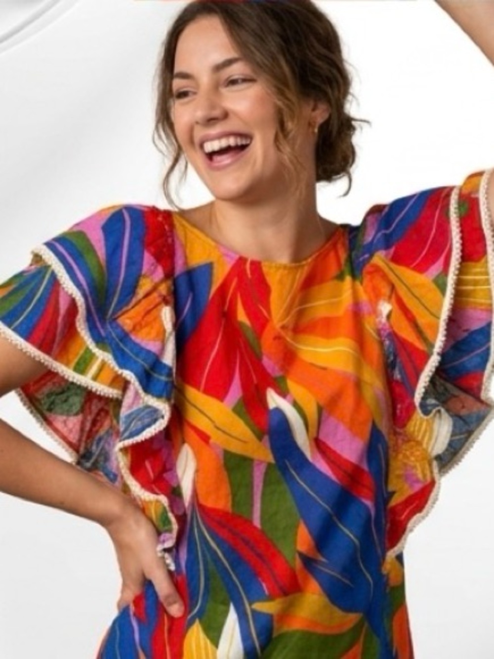 TROPICAL PALM LEAVES FLUTTER SLEEVE TOP